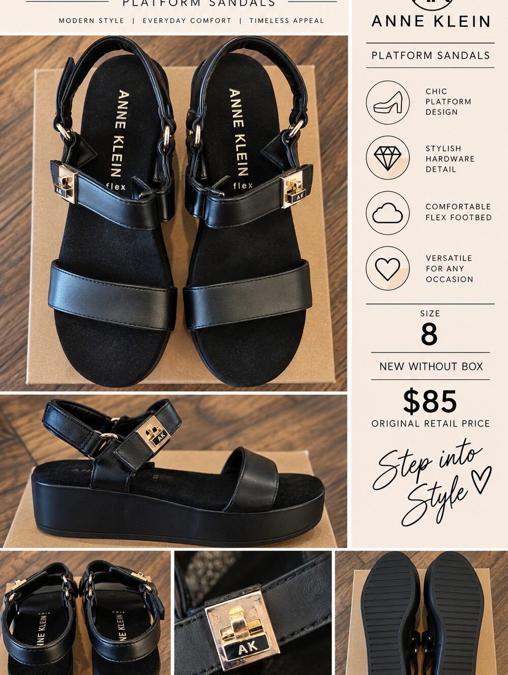NWOB Anne Klein Black Platform Sandals with Gold Hardware